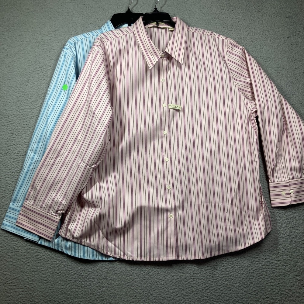 Eddie Bauer Shirts Women's XXL Lot of 2 Blue Pink Stripe Wrinkle Resistant STAIN